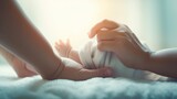 Fototapeta  - Generative AI : concept of love parenthood motherhood tiny newborn baby foot in mother hands