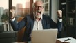 © AI Images - Generative AI : Senior bearded man clench fist and smiling during online meeting in cozy home office