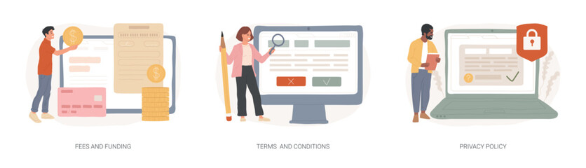 Wall Mural - website information page isolated concept vector illustration set. fees and funding, terms and condi