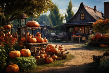 Wall Mural - Halloween spooky background, scary jack o lantern pumpkins in creepy dark Happy Haloween ghosts horror mysterious night village street garden with old haunted house mystic backdrop.