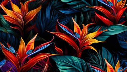 Exotic tropical flowers bird of paradise (strelitzia) red color blue palm leaves dark night jungle background