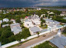 Aerial View Of Architectural Ensemble Of Annunciation Monastery And Holy Trinity Convent In Murom In Cloudy Summer Day, Russia