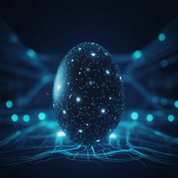 Easter egg, blue neural connection lines and glowing dots, binary, Generative ai