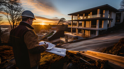 Wall Mural - Architect checking building blueprints