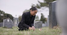 Sad Woman, Graveyard And Crying With Rose By Tombstone In Mourning, Loss Or Grief At Funeral Or Cemetery. Female Person With Flower In Depression, Death Or Goodbye At Memorial Or Burial Service