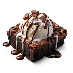 Chocolate brownie cake with ice cream and chocolate syrup isolated on white background