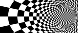 Fototapeta Perspektywa 3d - Abstract hypnotic warp checkered background. Black and white check wallpaper. Psychedelic twisted square pattern. Rotating cage template for posters, banners, cover. Vector optical illusion
