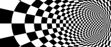 Abstract Hypnotic Warp Checkered Background. Black And White Check Wallpaper. Psychedelic Twisted Square Pattern. Rotating Cage Template For Posters, Banners, Cover. Vector Optical Illusion