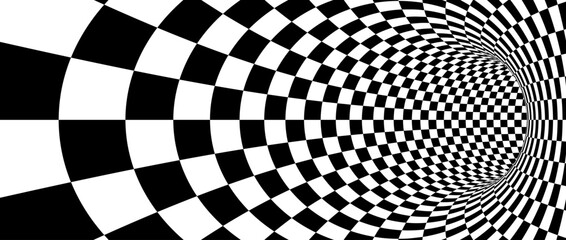 Abstract hypnotic warp checkered background. Black and white check wallpaper. Psychedelic twisted square pattern. Rotating cage template for posters, banners, cover. Vector optical illusion
