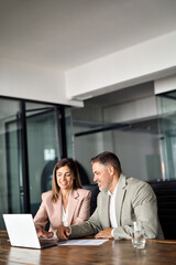 Two professional business executive managers office team working using laptop computer sitting at table. Happy older colleagues discussing company digital strategy at corporate meeting. Vertical.