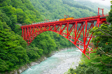 Kurobe Valley Trolley Car Crossing The Shin Yamahiko Bridge, Japan,Toyama Prefecture,Kurobe, Toyama,Kurobe Gorge