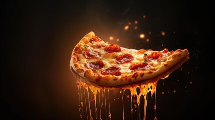 Slice of pizza falling into the air on a dark background.