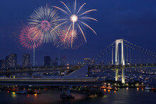 Rainbow Bridge And Fireworks, Japan,Tokyo,Minato