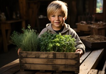 Young farmer with freshly picked Potatoes in basket. Hand holding wooden box with vegetables in field. Fresh Organic Vegetable. AI Generative.