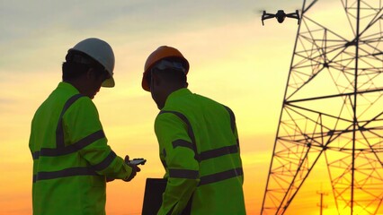 Silhouette of engineer Teams looking discussing plan. Two engineer standing on field with electricity towers at sunset..