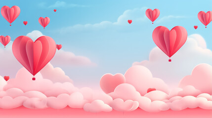 Poster - Valentines day sale background with heart balloons and clouds