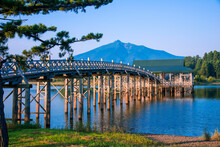 Tsuru No Mai Hashi Bridge And Mt. Iwaki, Japan,Aomori Prefecture,Kitatsugaru District, Aomori,Tsuruta, Aomori