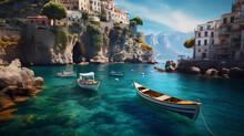 Rocky Shores And Steep Cliffs Of The Amalfi Coast, With Traditional Italian Boats