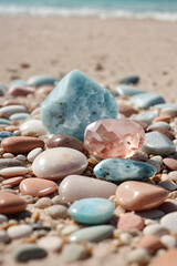 Wall Mural - Larimar and Morganite stones on blurred background. 