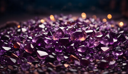 Wall Mural - Amethyst stones on mountain cave blurred background. 