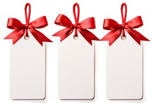A Blank Gift Tag Tied With Red Ribbon On A White Background