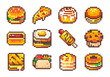 © Takoyaki Shop - Pixel Art Fast Food Set. Breads and Sandwiches Collection. 8bit Video Game Burger, Pizza, Cinnamon Roll, Hot Dog, Corn Dog, Muffin, Taco, Pancakes, Bagels, Egg Bread Breakfast.