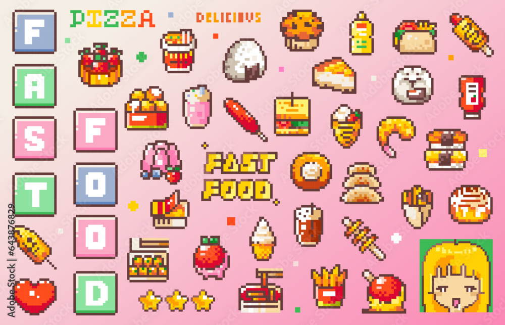 Pixel Art Retro Fast Food Set. 8bit Retro Style Video Game Asian Street ...