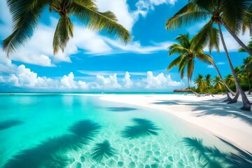 beach with palm trees ,Paradise beach natural background. Illustration Generative AI.