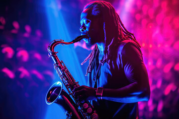 African American handsome jazz musician playing the saxophone in the studio on a neon background. Music concept. Generative Ai