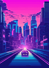 Immerse yourself in the mesmerizing world of city synthwave design! Step into a retro-futuristic realm where neon lights illuminate towering. skyscrapers, and sleek, futuristic designs