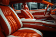 Modern orange interior of the car inside, close-up of the seat. Side view, selective focus