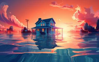 Wall Mural - House on the water. Flood illustration. 