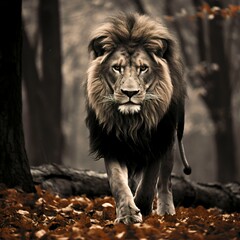 Wall Mural - Black an white Image of lion walking in forest.