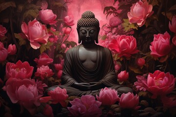 Sticker - Buddha statue surrounded by pink peony flowers on dark background.Generative Ai