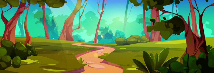 Wall Mural - footpath in green summer forest. vector cartoon illustration of bright sunny day in woodland with ro