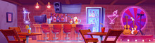 Cartoon Bar With Counter Interior Vector Illustration. Restaurant Or Pub With Table, Live Guitar Music And Alcohol Cocktail. Neon Illumination In Nightclub With Vintage Wood Furniture, Speaker And Tv