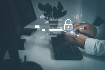 Cyber​​security and network concept. Businessman using smartphone coding virtual lock screen icon Privacy data security and encryption Cybersecurity in the world of digital technology