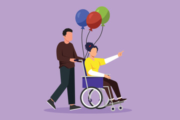 Cartoon flat style drawing disability people scene concept. Man carries disabled woman in wheelchair. Accessibility rehabilitation invalid person, people activities. Graphic design vector illustration