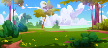 Green Grass Meadow With Tree Cartoon Background. Park Forest With Path, Leaves And Blue Sky. Illustrated Garden Environment To Travel. Peaceful Flower Lawn Valley Panorama Illustration Wallpaper