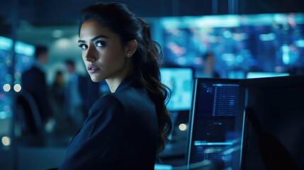 Wall Mural - Portrait of a woman in a high-tech security operations center vigilantly monitoring network traffic