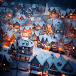 beleuchtete bunte Häuser im Winter in der Dämmerung