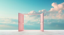 Surreal Image Of Pink Open Doors Against A Sky Filled With Clouds, Symbolizing Freedom, Opportunity, And Imagination In A Minimalist, Magical Realism Setting