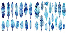 Feather Set In Watercolor And Liner Vibrant Blue With Aztec Patterns Boho Elements And Various Artistic Designs Suitable For Printing Or Accessorizing Transparent Background