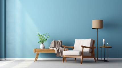 Wall Mural - interior of modern living room with armchair and coffee table with blue wall and white floor