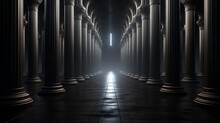 Dark Hall With Three Dimensional Render Of Rows Of Columns