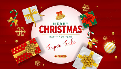 Wall Mural - Red Christmas sale banner with Christmas gifts, candy canes and Christmas decorations