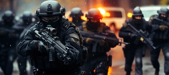 Special forces soldier police, swat team member. in action , Poster concept for police,Generated with AI security or military,