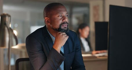 Poster - Market search, thinking and black man at computer in office with email, report or website review at night. Reading, analysis and business insight at overtime and businessman checking online article.