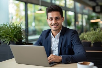 Handsome Latin Businessman Working with Computer, Male Manager Works in Modern Office, Analysis Data Statistics and Business Planning.