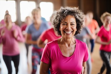 Middle-aged woman standing in a fitness studio, candidly expressing their active lifestyle through zumba with friends.